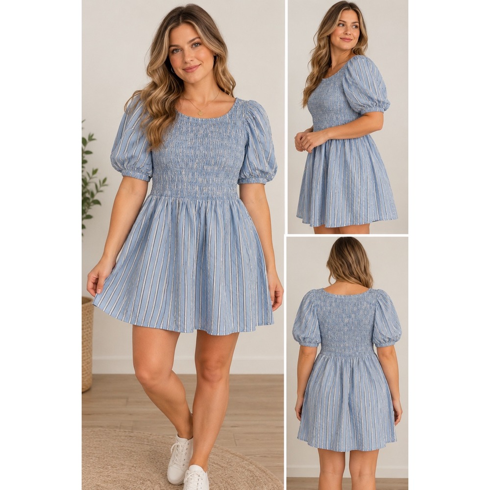 Old Navy Blue White Striped Smocked Puffy Sleeve Mini Dress XL Pockets RN54023